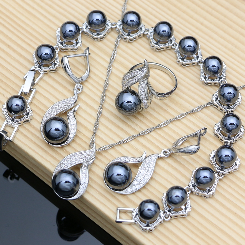 Freshwater Line - Black Pearls 925 Silver Jewelry Sets
