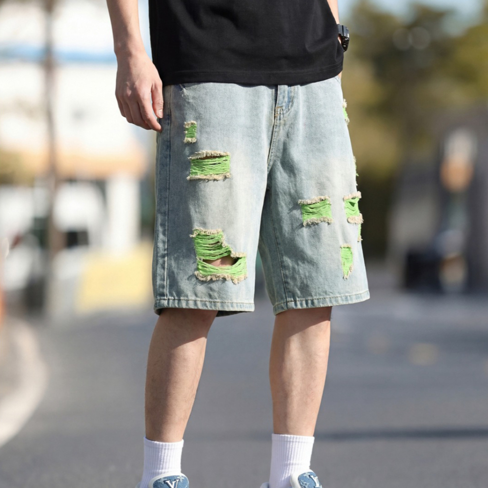 Fly Line - Men's Lined Ripped Denim Shorts Contrast