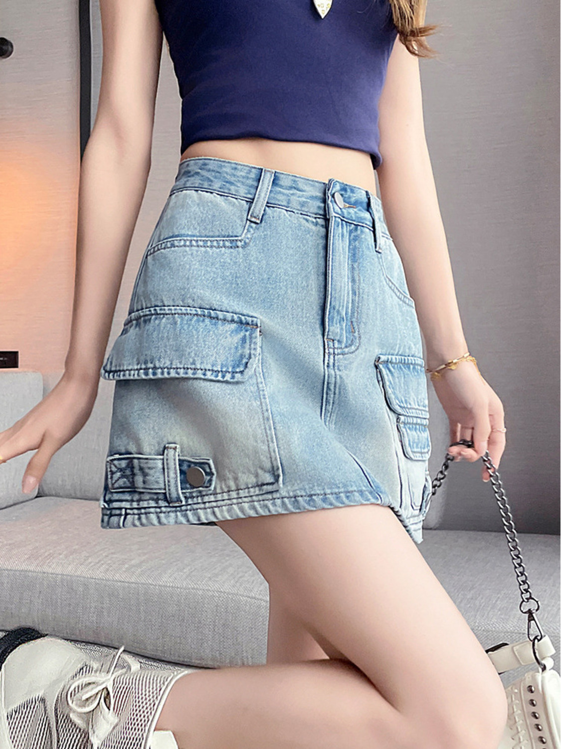 Fly Line - Women High Waist Cargo Denim Mini